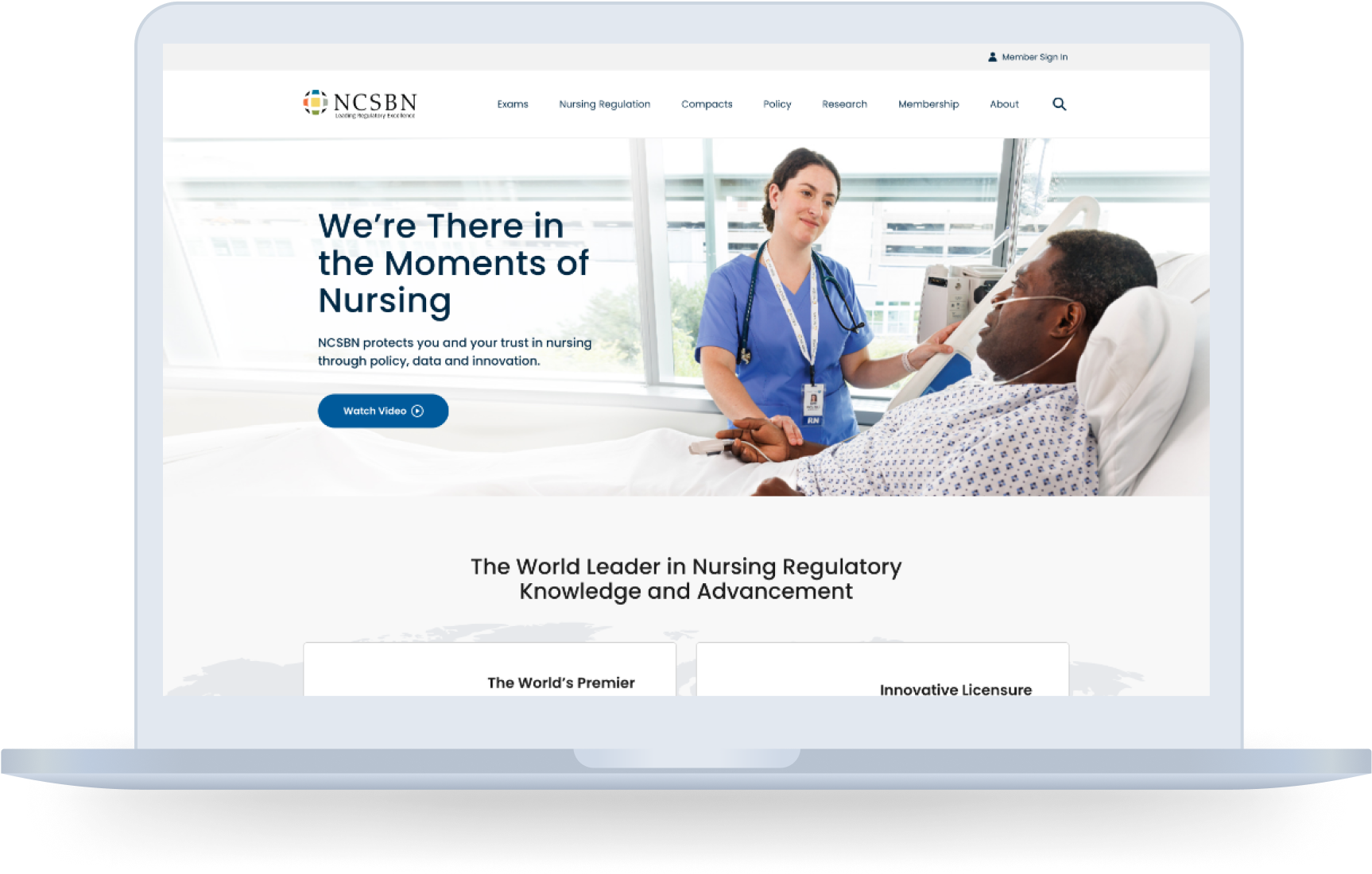 NCSBN homepage, with a nurse comforting a patient in a hospital room.