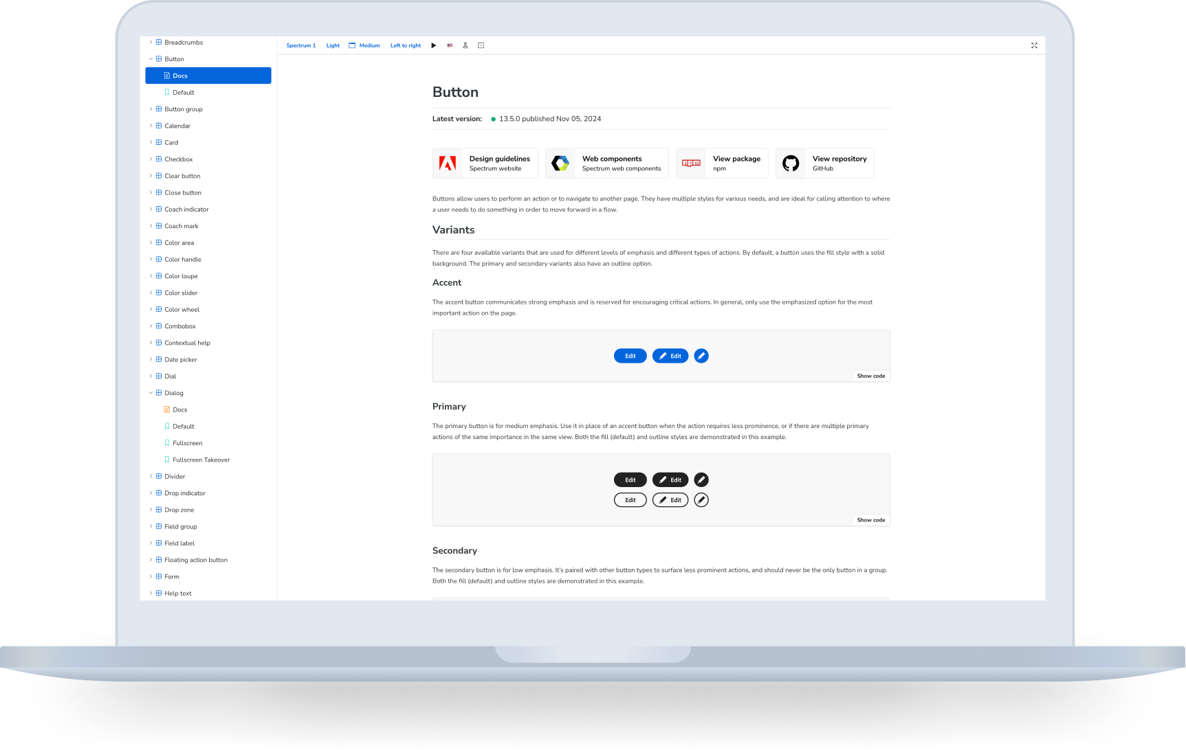 Spectrum CSS documentation page for a standard button component.